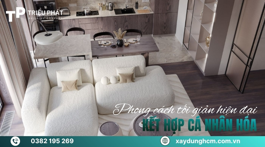 Phòng khách tối giản với tone màu trắng be, điểm nhấn xanh navy và đồ decor thủ công.